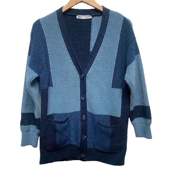ZARA Small Blue Patchwork Chunky Knit V Neck Cardigan Sweater Color-Block Glam - Picture 1 of 10